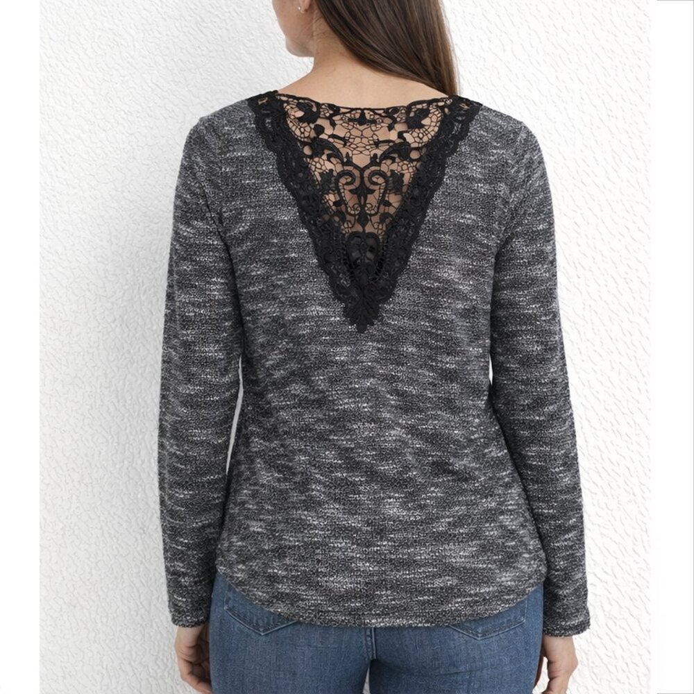 Black & Grey Marled Knit Top Women's XL | Deep Lace Back Sweater